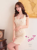 an/AOC-3357/ワンピース/ミニドレス/タイトワンピース/ツイード/スクエアネック/パールボタン