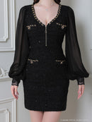 an/AOC-3393/ワンピース/ミニドレス/ツイード/袖あり/長袖/フロントジップ