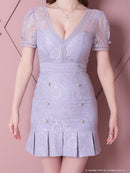 an/AOC-3396/ワンピース/ミニドレス/総レース/プリーツ/パールボタン