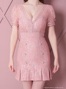 an/AOC-3396/ワンピース/ミニドレス/総レース/プリーツ/パールボタン