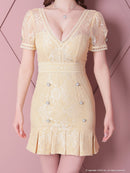 an/AOC-3396/ワンピース/ミニドレス/総レース/プリーツ/パールボタン