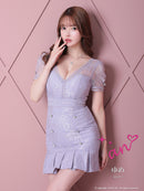 an/AOC-3396/ワンピース/ミニドレス/総レース/プリーツ/パールボタン