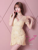 an/AOC-3396/ワンピース/ミニドレス/総レース/プリーツ/パールボタン