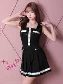 an/AOC-3406/ワンピース/ミニドレス/タイトワンピース/プリーツ/韓国風/バイカラー/スクエアネック/パールボタン