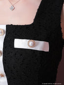 an/AOC-3406/ワンピース/ミニドレス/タイトワンピース/プリーツ/韓国風/バイカラー/スクエアネック/パールボタン