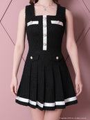 an/AOC-3406/ワンピース/ミニドレス/タイトワンピース/プリーツ/韓国風/バイカラー/スクエアネック/パールボタン