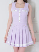 an/AOC-3406/ワンピース/ミニドレス/タイトワンピース/プリーツ/韓国風/バイカラー/スクエアネック/パールボタン