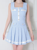 an/AOC-3406/ワンピース/ミニドレス/タイトワンピース/プリーツ/韓国風/バイカラー/スクエアネック/パールボタン