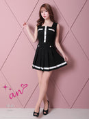 an/AOC-3406/ワンピース/ミニドレス/タイトワンピース/プリーツ/韓国風/バイカラー/スクエアネック/パールボタン