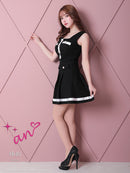 an/AOC-3406/ワンピース/ミニドレス/タイトワンピース/プリーツ/韓国風/バイカラー/スクエアネック/パールボタン