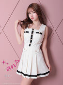 an/AOC-3406/ワンピース/ミニドレス/タイトワンピース/プリーツ/韓国風/バイカラー/スクエアネック/パールボタン