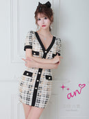 an/AOC-3435/ワンピース/ミニドレス/タイトワンピース/韓国風/ツイード/パールボタン