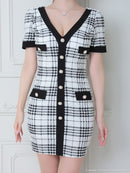 an/AOC-3435/ワンピース/ミニドレス/タイトワンピース/韓国風/ツイード/パールボタン