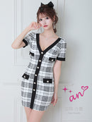 an/AOC-3435/ワンピース/ミニドレス/タイトワンピース/韓国風/ツイード/パールボタン