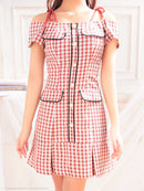 an/AOC-3476/ミニドレス/キャバドレス/ギンガムチェック/オフショルダー/ショルダーリボン/プリーツスカート/フレア