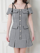 an/AOC-3476/ミニドレス/キャバドレス/ギンガムチェック/オフショルダー/ショルダーリボン/プリーツスカート/フレア