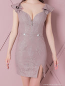 an/AOC-3479/ワンピース/ミニドレス/タイトワンピース/総レース/パールボタン/バックリボン/フロントジップ