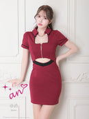 an/AOC-3501/ワンピース/襟付き/フロントジップ/タイトワンピ/キャバドレス/袖あり/半袖