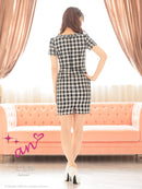 an/AOC-3671/ワンピース/ミニドレス/キャバドレス/袖あり/チェック柄/ツイード/フロントジップ