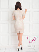 an/AOC-3671/ワンピース/ミニドレス/キャバドレス/袖あり/チェック柄/ツイード/フロントジップ