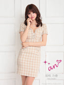 an/AOC-3671/ワンピース/ミニドレス/キャバドレス/袖あり/チェック柄/ツイード/フロントジップ