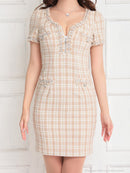 an/AOC-3671/ワンピース/ミニドレス/キャバドレス/袖あり/チェック柄/ツイード/フロントジップ