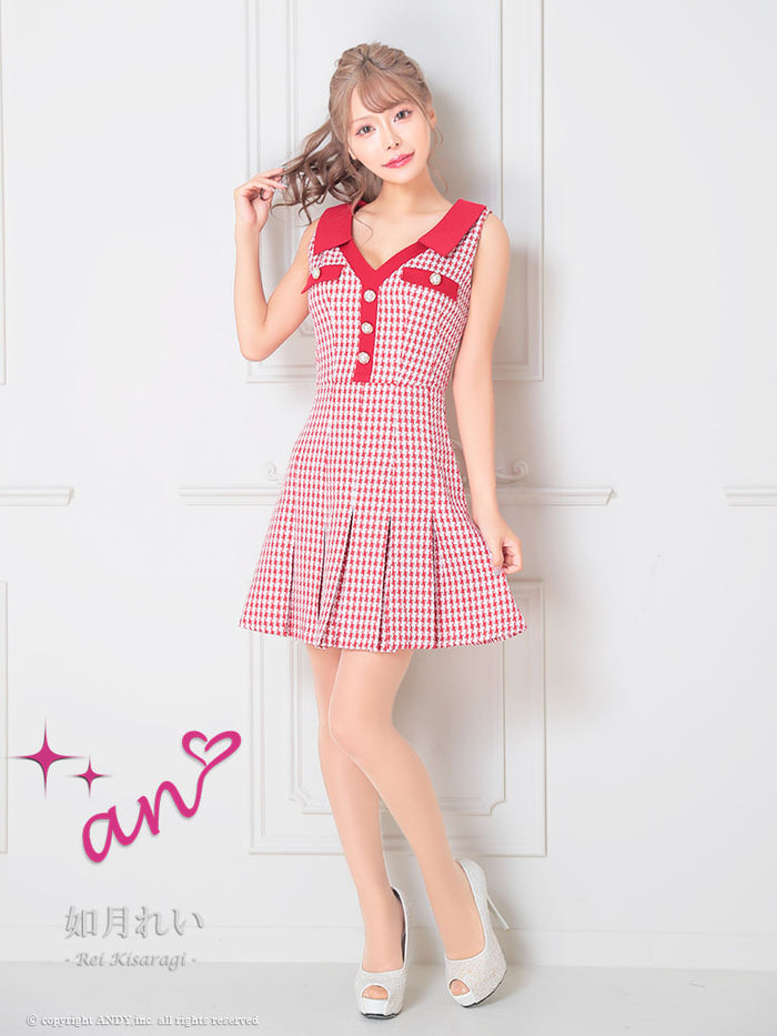 an/AOC-3672/ワンピース/ミニドレス/キャバドレス/千鳥柄/プリーツ