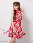 an/AOC-3549/ワンピース/襟付き/キャバドレス/チェック柄/フレア/ノースリーブ/フロントジップ/[れみ]さん着用