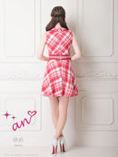 an/AOC-3549/ワンピース/襟付き/キャバドレス/チェック柄/フレア/ノースリーブ/フロントジップ/[れみ]さん着用