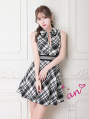 an/AOC-3549/ワンピース/襟付き/キャバドレス/チェック柄/フレア/ノースリーブ/フロントジップ/[れみ]さん着用