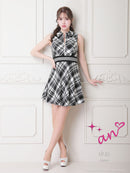 an/AOC-3549/ワンピース/襟付き/キャバドレス/チェック柄/フレア/ノースリーブ/フロントジップ/[れみ]さん着用