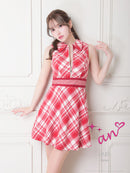 an/AOC-3549/ワンピース/襟付き/キャバドレス/チェック柄/フレア/ノースリーブ/フロントジップ/[れみ]さん着用