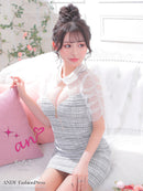 an/AOC-3572/ワンピース/袖あり/襟付き/ツイード/キャバドレス/シアー/タイト/パフスリーブ/カルアさん着用/星野ティナさん着用