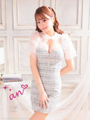 an/AOC-3572/ワンピース/袖あり/襟付き/ツイード/キャバドレス/シアー/タイト/パフスリーブ/カルアさん着用/星野ティナさん着用