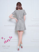 an/AOC-3589/ワンピース/半袖/ツイード/キャバドレス/チェック柄/タイト/ボートネック/台形スカート/桜咲乃愛さん着用