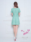 an/AOC-3589/ワンピース/半袖/ツイード/キャバドレス/チェック柄/タイト/ボートネック/台形スカート/桜咲乃愛さん着用