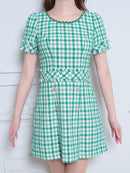 an/AOC-3589/ワンピース/半袖/ツイード/キャバドレス/チェック柄/タイト/ボートネック/台形スカート/桜咲乃愛さん着用