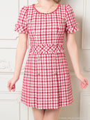 an/AOC-3589/ワンピース/半袖/ツイード/キャバドレス/チェック柄/タイト/ボートネック/台形スカート/桜咲乃愛さん着用