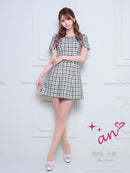 an/AOC-3589/ワンピース/半袖/ツイード/キャバドレス/チェック柄/タイト/ボートネック/台形スカート/桜咲乃愛さん着用