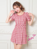 an/AOC-3589/ワンピース/半袖/ツイード/キャバドレス/チェック柄/タイト/ボートネック/台形スカート/桜咲乃愛さん着用