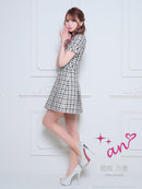 an/AOC-3589/ワンピース/半袖/ツイード/キャバドレス/チェック柄/タイト/ボートネック/台形スカート/桜咲乃愛さん着用