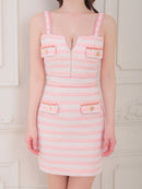 an/AOC-3615/ワンピース/キャバドレス/ミニドレス/ノースリーブ/Vネック/ボーダー柄/リボンショルダー/フロントジップ/ピンク/グリーン/ブルー/ブラック