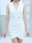 an/AOC-3618/ミニドレス/キャバドレス/ワンカラー/襟付き/チェーン/ ツイード/タイト/黒/青/白