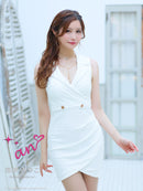 an/AOC-3618/ミニドレス/キャバドレス/ワンカラー/襟付き/チェーン/ ツイード/タイト/黒/青/白