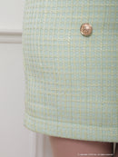 an/AOC-3635/ワンピース/キャバドレス/ミニドレス/ツイード/ワンカラー/リボン/ハイネック/カットアウト/フロントジップ/ノースリーブ/ミント/ブルー