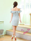 an/AOC-3639/ワンピース/キャバドレス/ミニドレス/ワンカラー/ショルダーリボン/フロントジップ/ショルダーチェーン/オフショルダー/ミント/XS/小さいサイズあり