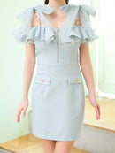 an/AOC-3639/ワンピース/キャバドレス/ミニドレス/ワンカラー/ショルダーリボン/フロントジップ/ショルダーチェーン/オフショルダー/ミント/XS/小さいサイズあり