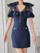 an/AOC-3639/ワンピース/キャバドレス/ミニドレス/ワンカラー/ショルダーリボン/フロントジップ/ショルダーチェーン/オフショルダー/ミント/XS/小さいサイズあり