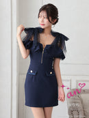 an/AOC-3639/ワンピース/キャバドレス/ミニドレス/ワンカラー/ショルダーリボン/フロントジップ/ショルダーチェーン/オフショルダー/ミント/XS/小さいサイズあり