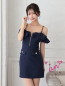 an/AOC-3639/ワンピース/キャバドレス/ミニドレス/ワンカラー/ショルダーリボン/フロントジップ/ショルダーチェーン/オフショルダー/ミント/XS/小さいサイズあり